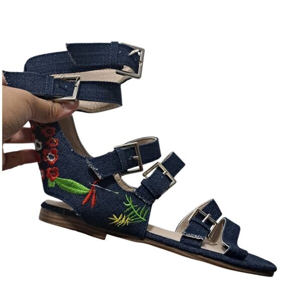 Vintage Havana Nina Black Denim Floral Embroidered Gladiator Sandal Size 8 Blue - Picture 4 of 15